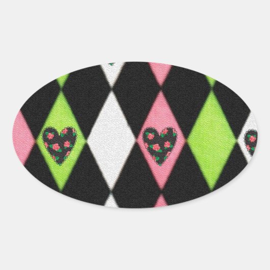 Sticker Ovale Colorful harlequin Print with Rose Hearts (Devant)