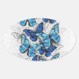 Sticker Ovale Composition de papillons blancs et bleus