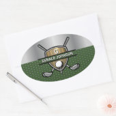 Sticker Ovale Conception de monogramme de golf de bouclier d'or (Enveloppe)