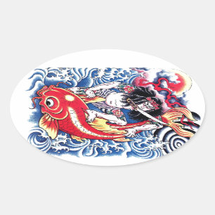 Sticker Ovale Cool japonais Samurai Koi Carp tatouage rouge