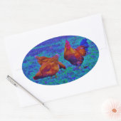 Sticker Ovale Coq et poules arc-en-ciel, bleu électrique (Enveloppe)