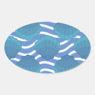 Sticker Ovale Coquillage vintage Et Motif Vagues