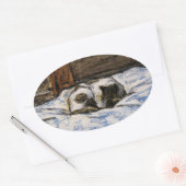 Sticker Ovale Couchage de chat sur un lit (Enveloppe)