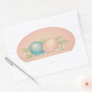 Sticker Ovale Couleurs douces oeuf de pâques et fleurs marguerit