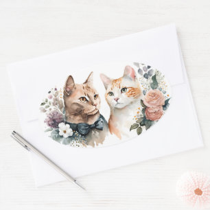 Sticker Ovale Couple Chat Aquarelle Sur Blanc