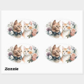 Sticker Ovale Couple Chat Aquarelle Sur Blanc (Feuille)