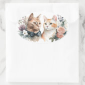 Sticker Ovale Couple Chat Aquarelle Sur Blanc (Sac)