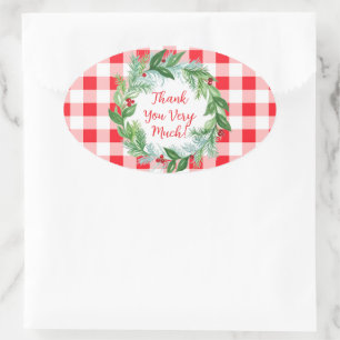 Sticker Ovale Couronne de pin aquarelle MERCI Red Check ovale
