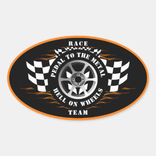 Sticker Ovale Course de voiture de sport Drapeau à damier Flamme