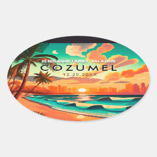Sticker Ovale Cozumel Mexique Palm Tree Vintage voyage Souvenir