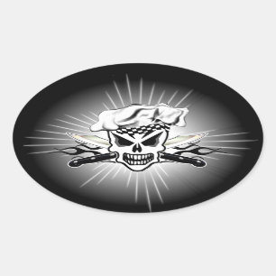 Sticker Ovale Crâne et couteaux flamboyants 2 de chef de chef