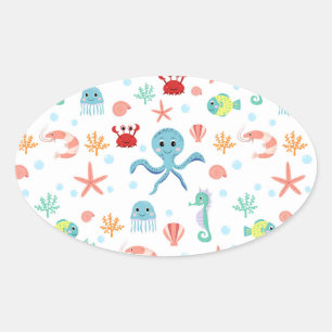 Sticker Ovale Créatures marines sous-marines fantaisistes
