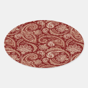 Sticker Ovale Crème Rouge Crimson Et Beige Vintage Paisley