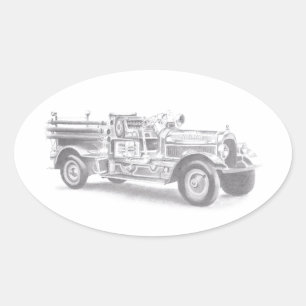 Sticker Ovale croquis au crayon de camion de pompiers vintage de