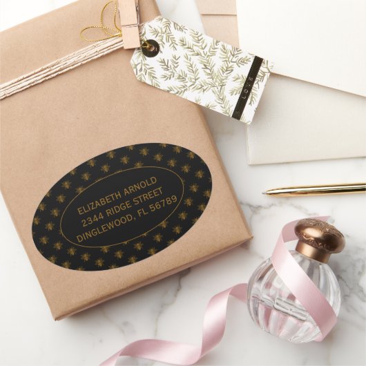 Sticker Ovale Custom Name Gold Metallic Foil Bees on Black (Cadeaux)