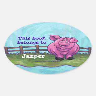 Sticker Ovale Cute Cochon Plaque de livre personnalisée