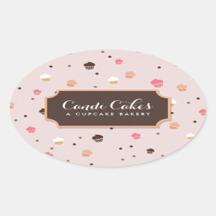 Sticker Ovale Cute Cupcakes Boulangerie Motif rose