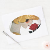 STICKER OVALE DAME AVEC ROSE ROUGE (Enveloppe)