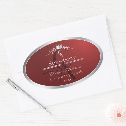 Sticker Ovale Deep Red Product Label with Silver Frame Monogram (Enveloppe)