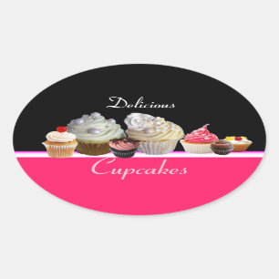Sticker Ovale DÉLICIEUX CUPCAKES ANNIVERSAIRE FÊTE, rouge rose n