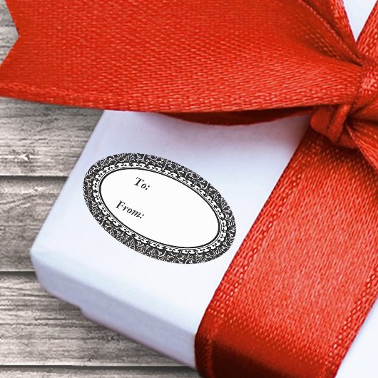 Sticker Ovale Design élégant noir blanc damassé noir