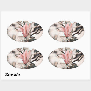 Sticker Ovale Dessin d'une branche de fleur de magnolia rose