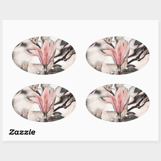 Sticker Ovale Dessin d'une branche de fleur de magnolia rose (Feuille)