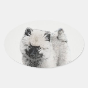 Sticker Ovale Dessin Keeshond Chiot - Joli dessin original Chien