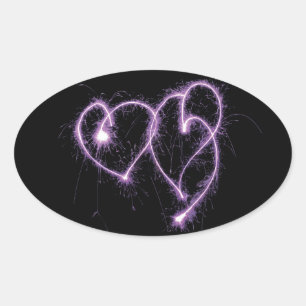 Sticker Ovale Deux Coeurs Étincelants Violets
