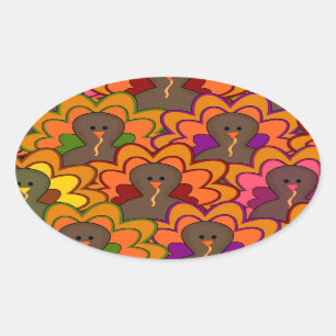 Sticker Ovale Dindes de Thanksgiving Colorées Amusantes
