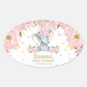 Sticker Ovale Douce Éléphant Fleurs Roses Baby Shower