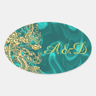 Sticker Ovale Dragon d'or incorporé sur impression en satin Turq