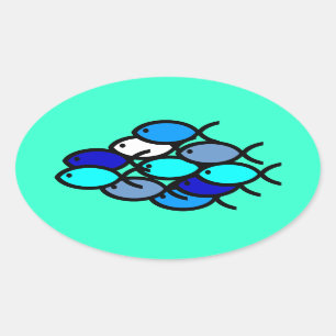 Sticker Ovale École des symboles chrétiens de poissons - bleu 