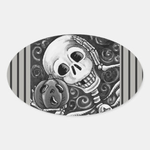 STICKER OVALE ÉCOUTEZ VOTRE CITROUILLE, HALLOWEEN SKELETON STICK