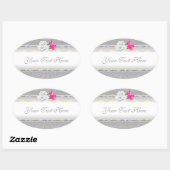 Sticker Ovale Élégant Damas d'argent et rose rose (Feuille)