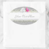 Sticker Ovale Élégant Damas d'argent et rose rose (Sac)