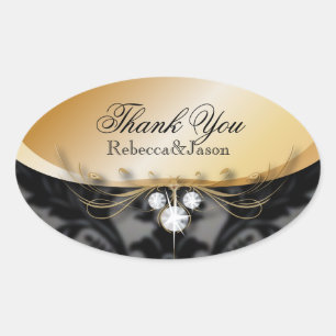 Sticker Ovale Elegant Gold noir formel mariage damassé merci