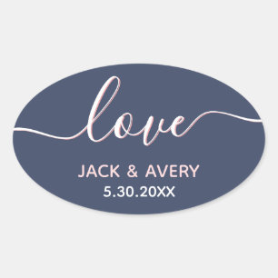 Sticker Ovale Élégant script d'amour Marine & Blush Mariage blan