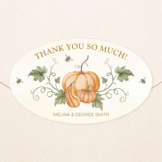 Sticker Ovale Elegant Watercolor Pumpkins et Bees Thank You