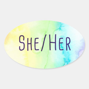 Sticker Ovale Elle Ses Pronouns (Aquarelle arc-en-ciel)