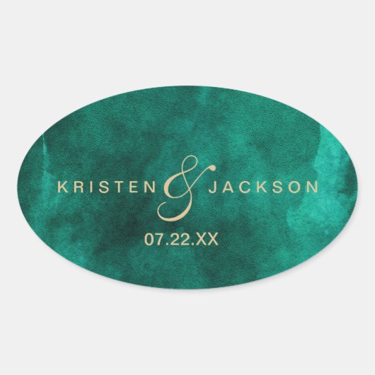 Sticker Ovale Emerald Green Aquarelle et Mariage Monogramme Or (Devant)