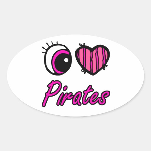 Sticker Ovale Emo Coeur des yeux J'aime Pirates (Devant)