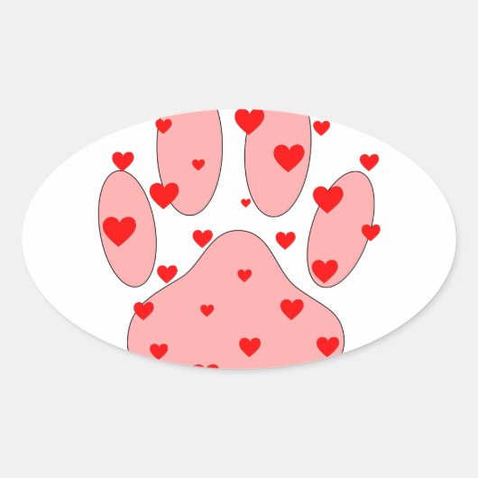 Sticker Ovale Empreinte de patte rose aux coeurs (Devant)