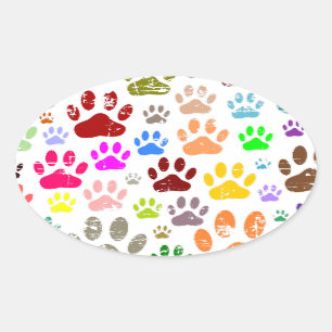 Sticker Ovale Empreintes de pattes de chiens colorés en détresse