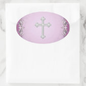 Sticker Ovale Enveloppe de fleurs en damas rose croix (Sac)