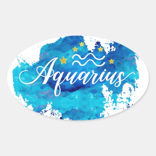 Sticker Ovale Etoiles or Zodiac Aquarius Blue Aquarelle (Devant)