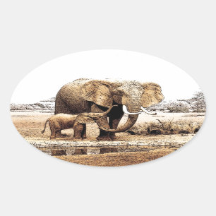 Sticker Ovale Famille des éléphants