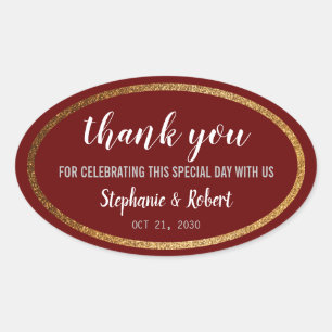 Sticker Ovale Faux Gold Burgundy Moderne Mariage élégant