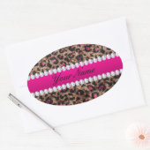 Sticker Ovale Faux Leopard Rose rose chaud huile et diamants (Enveloppe)
