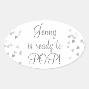 Sticker Ovale Faveurs de Baby Shower Cœurs Argentés Elle est Prê